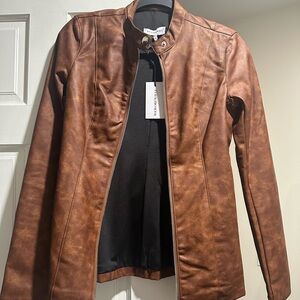 Brown Leather Jacket with Stand-Up Collar and Slim Fit